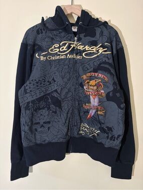 Y2K Ed Hardy AOP Death Before Dishonor Vintage Zip Up Hoodie